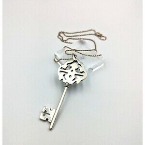 Vintage Sterling Silver 925 Big Ornate Statement Key Pendant Necklace Box Chain